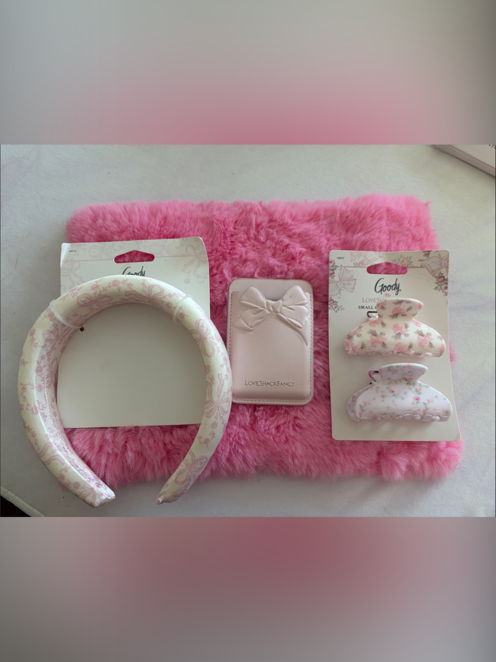 LoveShackFancy Pink Floral Headband, Card Holder & Clip Set